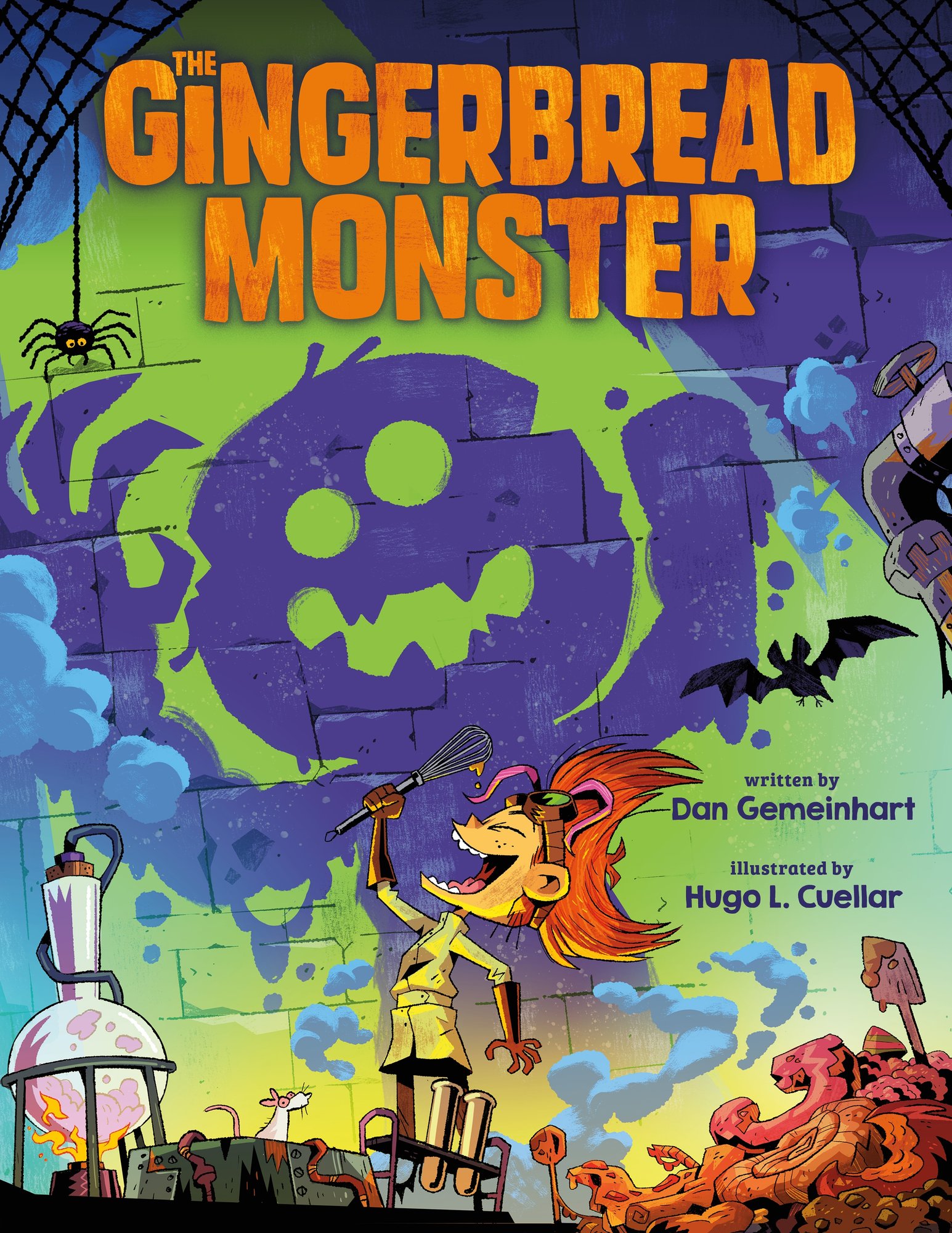Book cover of The Gingerbread Monster by Dan Gemeinhart, Illustrated by Hugo L. Cuellar, featuring a light-skinned young scientist with spiky red hair laughing maniacally as the shadow of a gingerbread-man-like monster appears on the wall behind him.