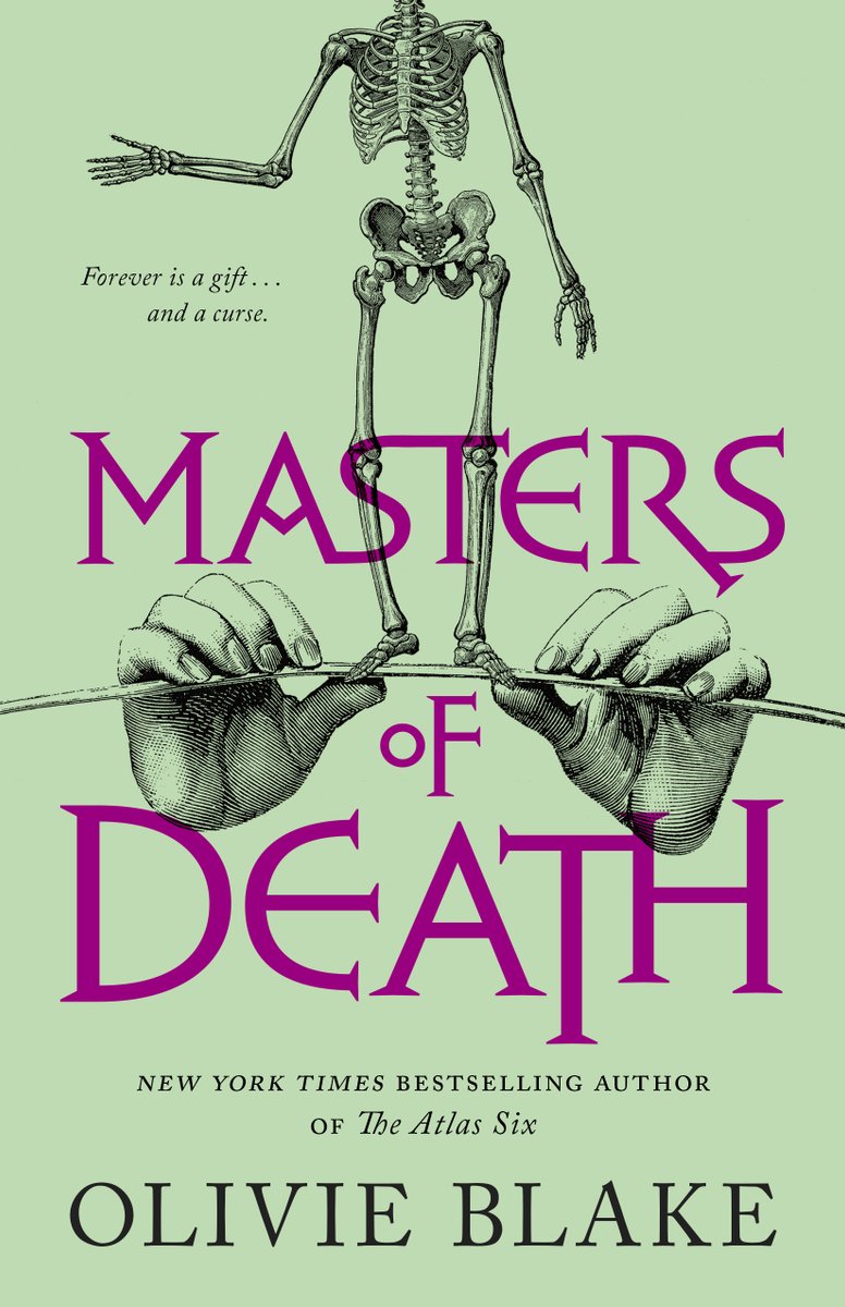 Masters of Death cover by Olivie Blake. A skeleton standing on top of a stick held by two hands.