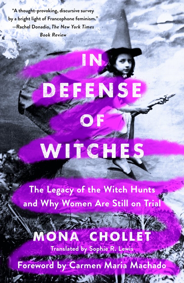 In Defense of Witches by Mona Chollet, book cover. Black and white background of a young woman flying on a broom, representing a witch. The title is highlighted in purple.