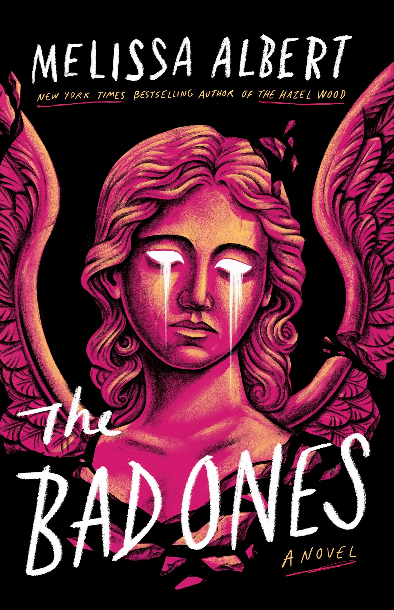 Book cover of The Bad Ones by Melissa Albert. It features a pink angel statue with white eyes crying white tears.