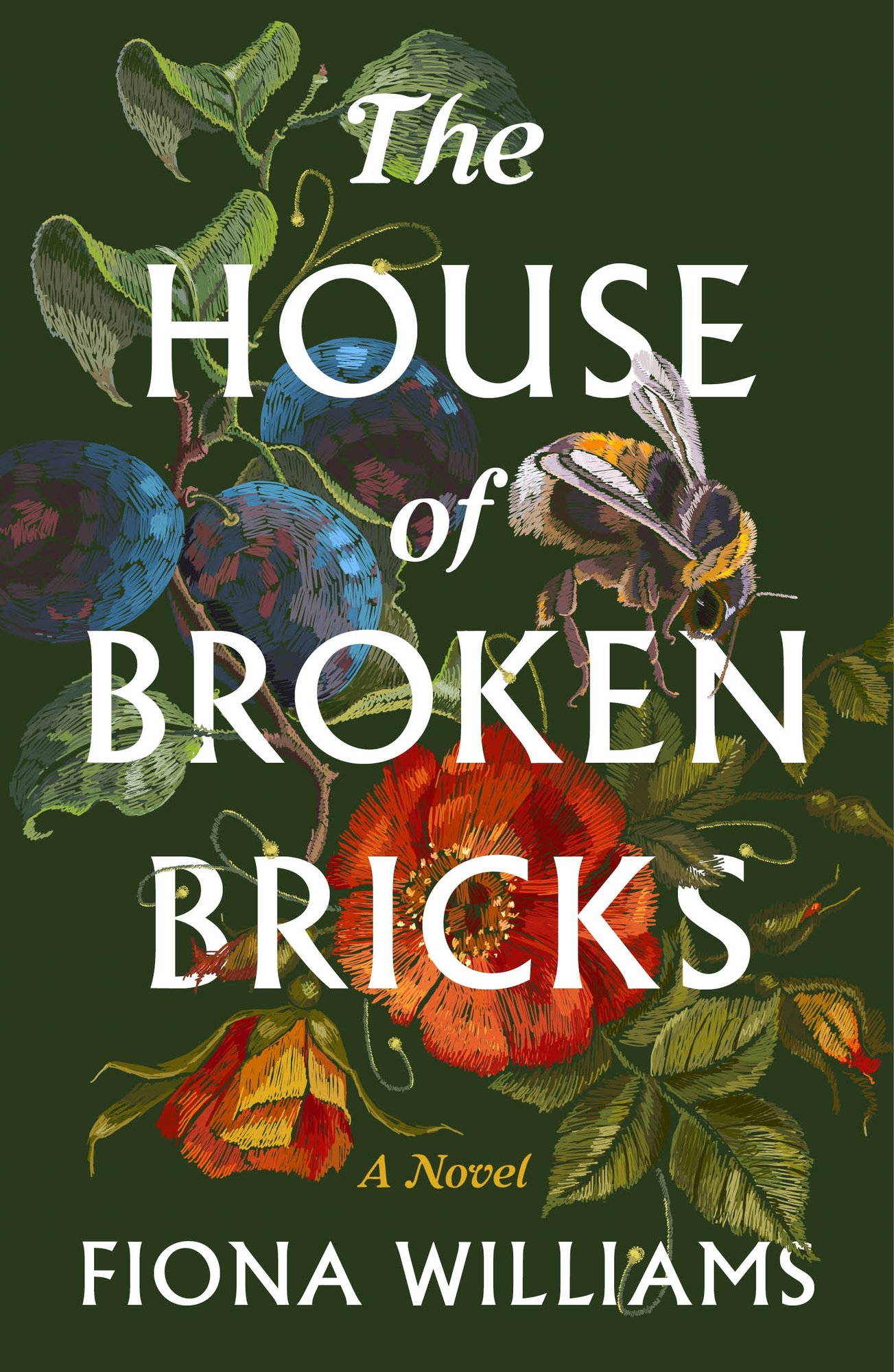 The House of Broken Bricks by Fiona Williams book cover featuring flowers, leaves, and a bee on a green background.