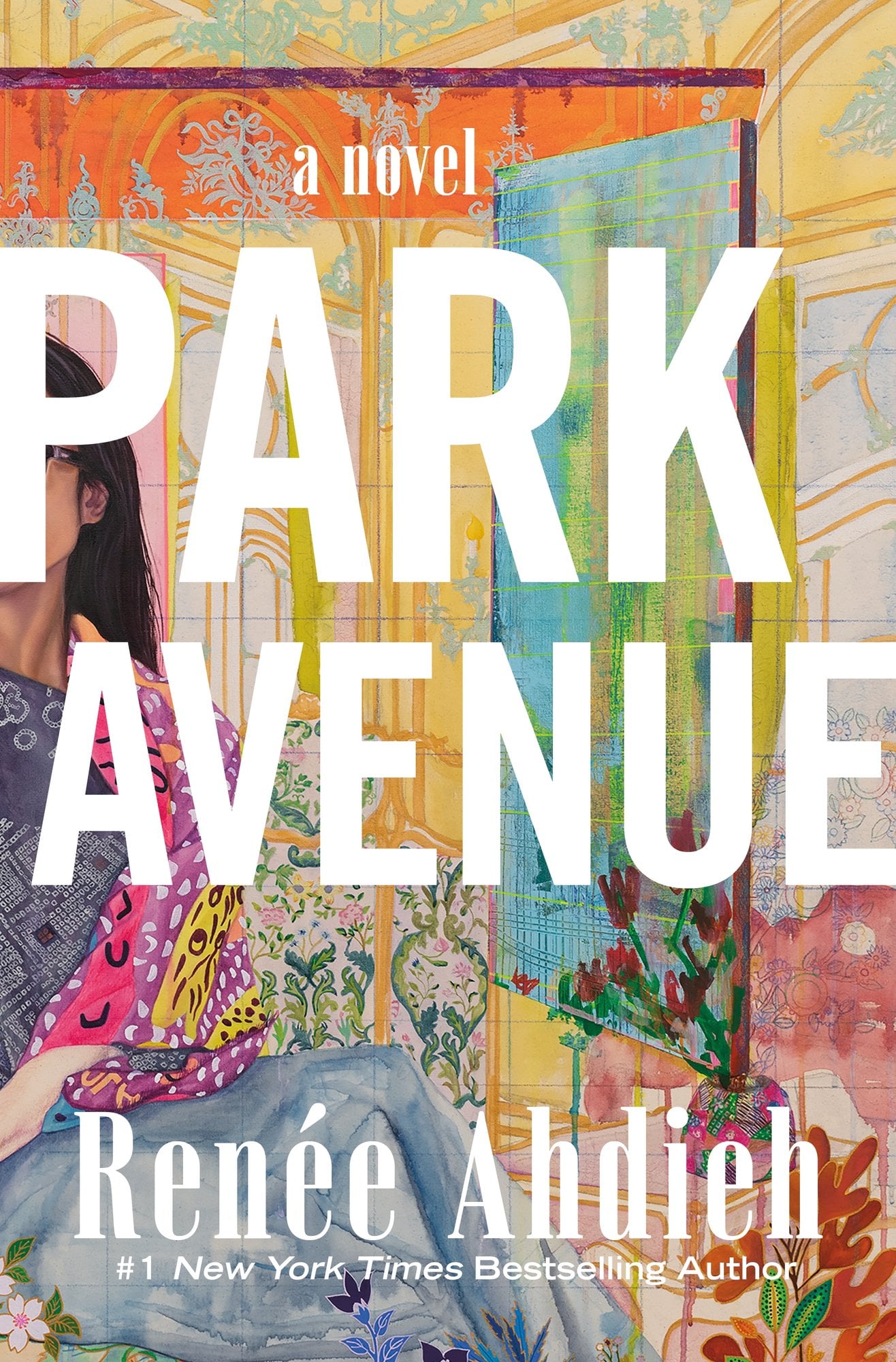 The cover of Park Avenue, a literary fiction novel, depicts a panted women in blue with her facing off the left with a patterned pastel background