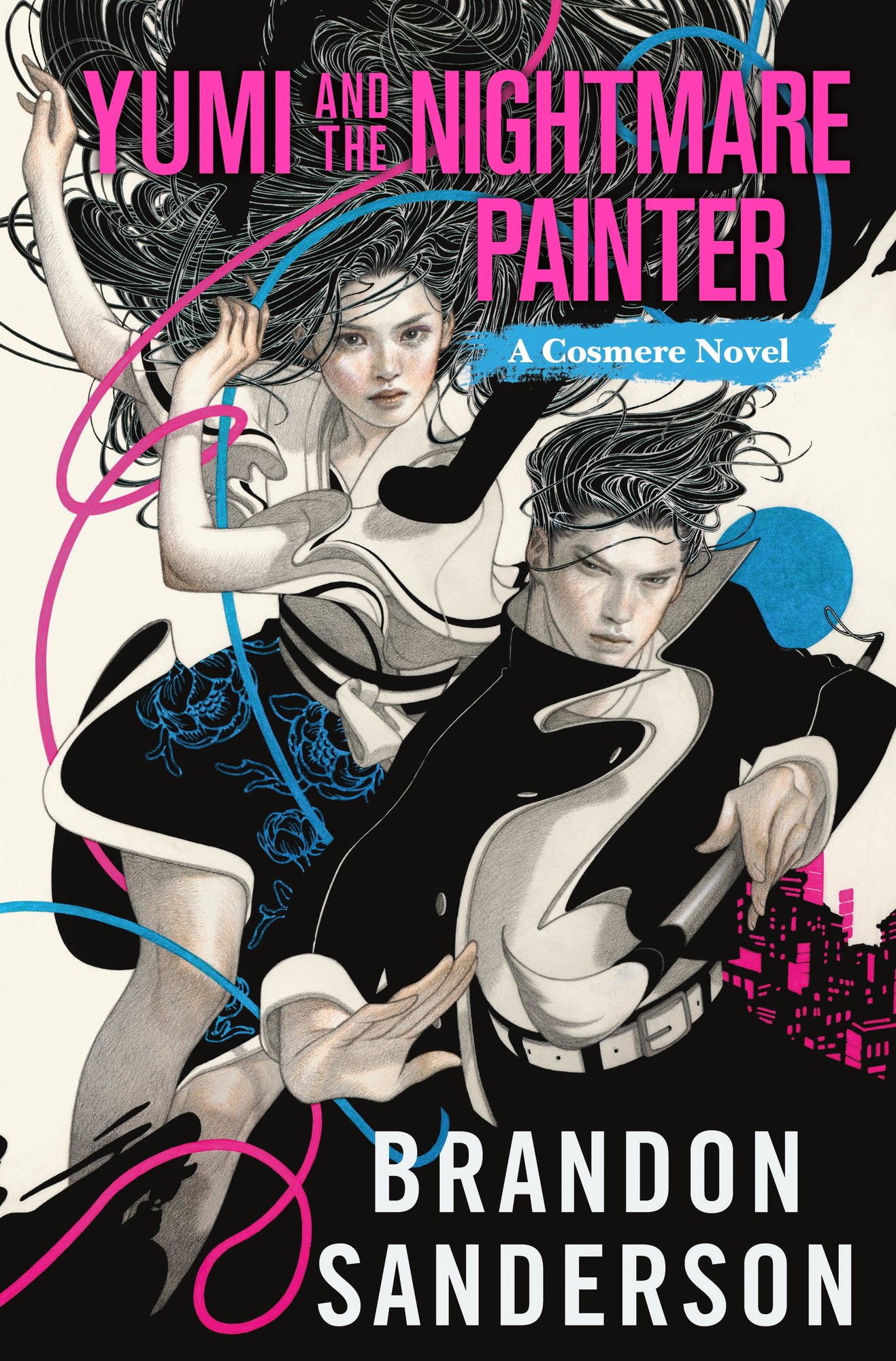 Yumi and the Nightmare Painter by Brandon Sanderson, book cover. With a white background, a woman and a man are placed in the center in white and black clothing. The only colors on the cover are blue and pink lines intertwining with one another, as well as other decals of those colors.