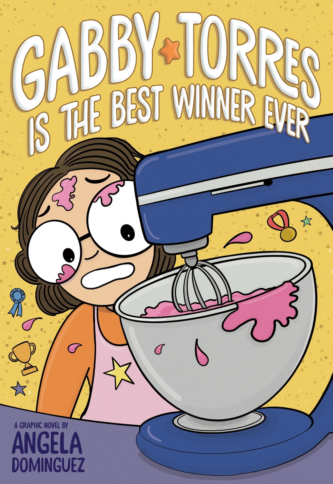 Book cover of Gabby Torres Is the Best Winner Ever by Angela Dominguez, featuring a light-skinned child with short brown hair and glasses looking harried as a pink mixture spills over the top of a mixing bowl.