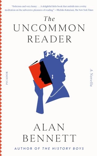 The cover for The Uncommon Reader by Alan Bennett. There is a blue silhouette of Queen Elizabeth II's side profile. She is holding up a red book that is partially transparently covering her face.