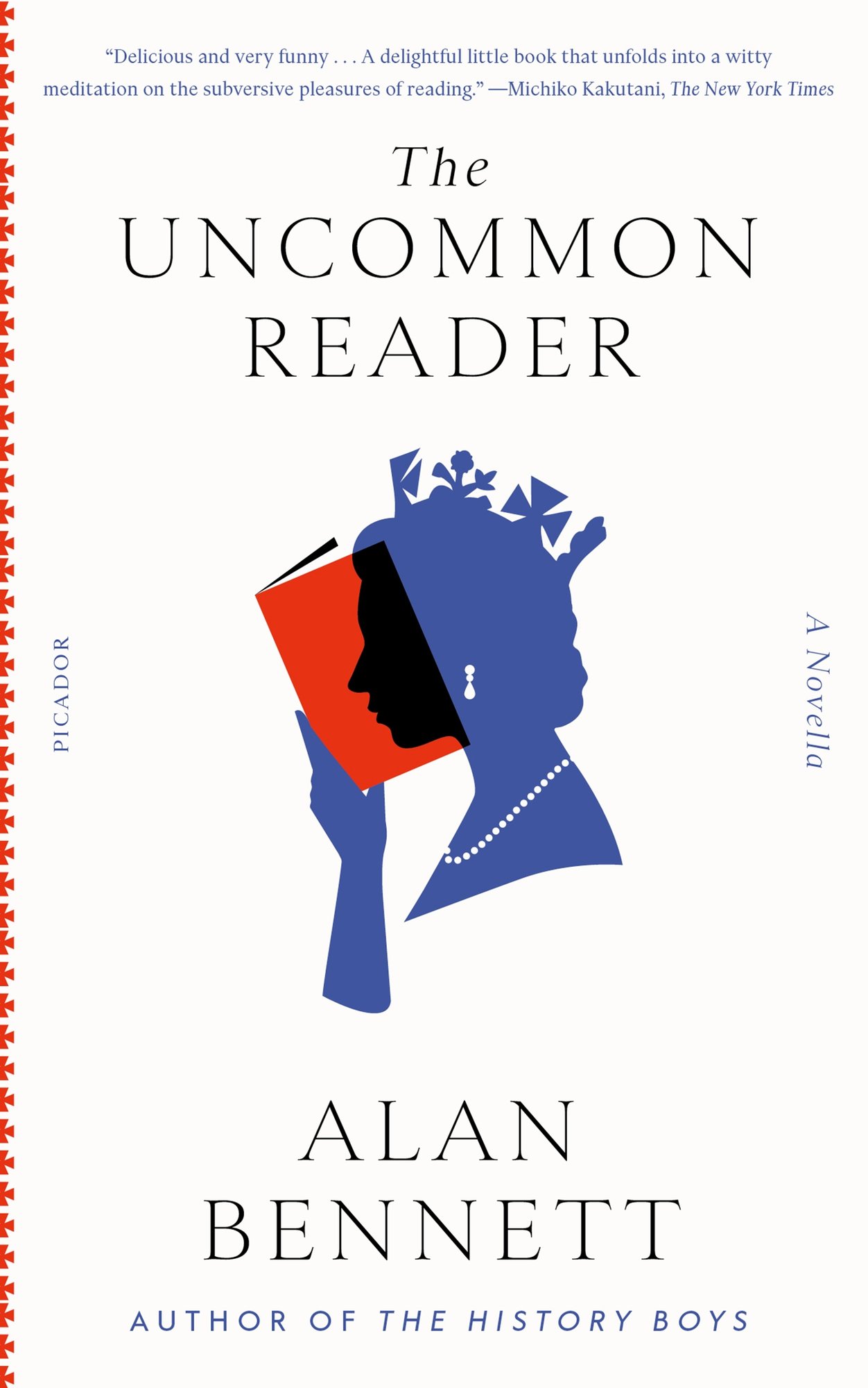 Cover of The Uncommon Reader by Alan Bennett. There is white background, with a blue side bust of Queen Elizabeth II. She is holding a red book right in front of her face, and you can see through her book to see her side profile.
