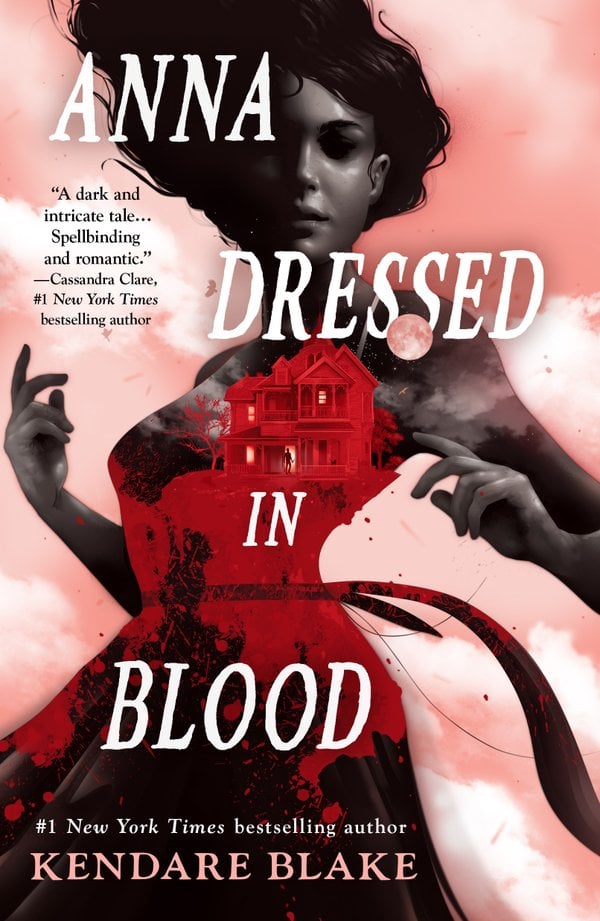 Anna Dressed in Blood by Kendare Blake. A book cover featuring a grey woman with black hair floating above her head and a red house depicted as her dress. The background is pink and cloud-like.