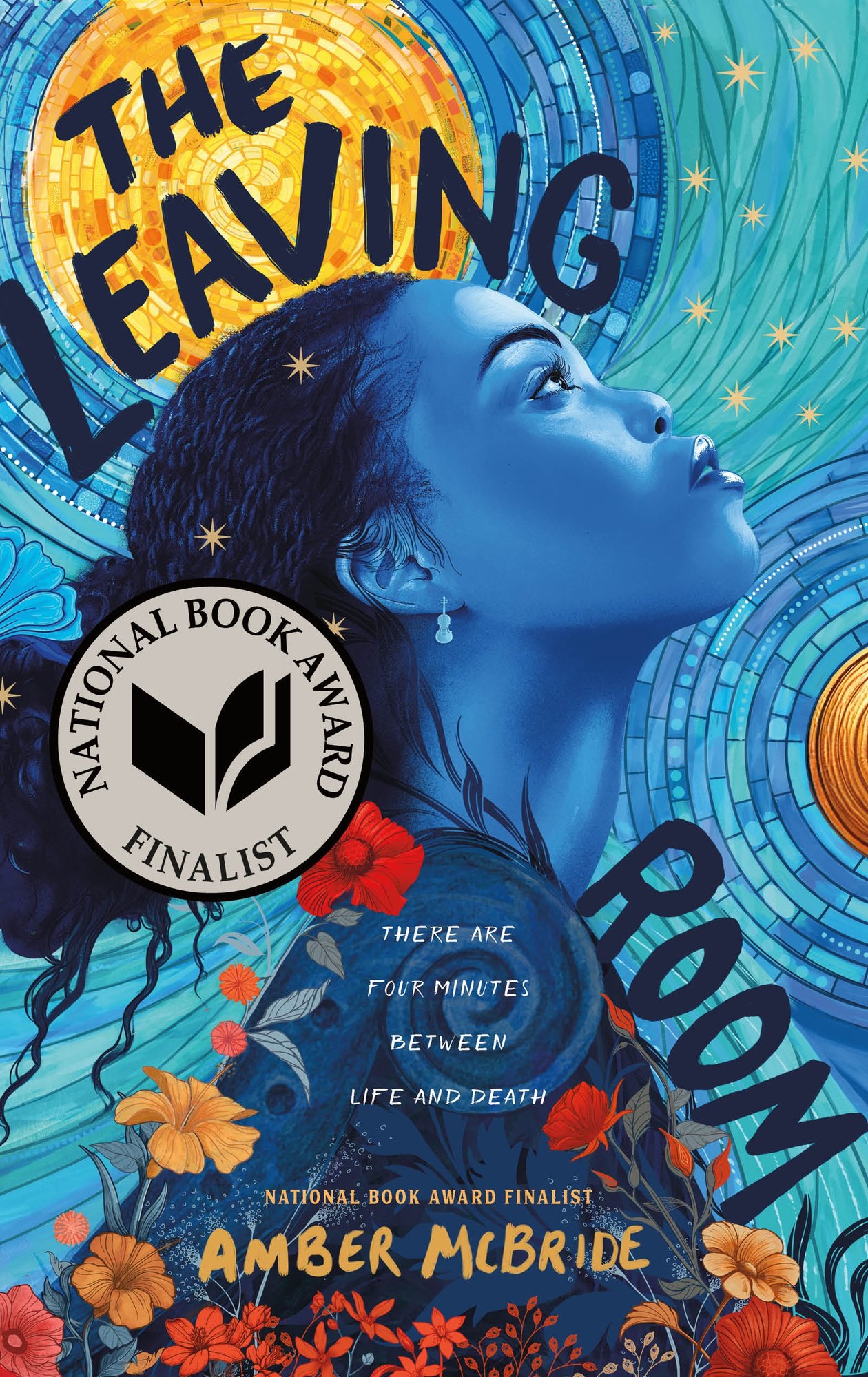 Book cover of The Leaving Room by Amber McBride. There is a girl on the cover on a background of what looks like a painted-glass night sky.