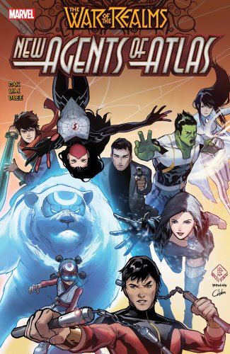 The War of the Realms: New Agents of Atlas cover. The background fades from brown on top to yellow on the bottom. In front of that are nine superhero figures in action poses, including one with man with green skin, one woman with wind whipping around her, one shooting blue sparkles out of her hand, one upside down with a mask covering her face, one blue glowing bear-like creature, one short-haired man with a gun, one with a sword, and one with nunchucks, and one small person of indeterminate gender with a dark helmet. The title is across the top in gold and silver letters. In the top left corner is the Marvel logo.