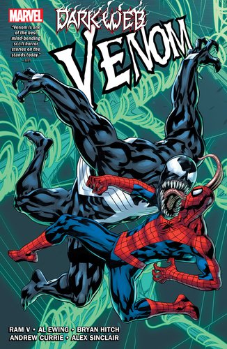 Venom and Spiderman are fighting in midair. The background is surrounded by green twines.