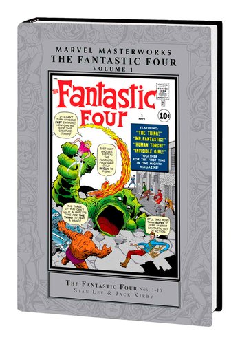 The Fantastic Four Vol. 1 Masterworks. A classic comic cover bordered by grey with designs of classic characters.