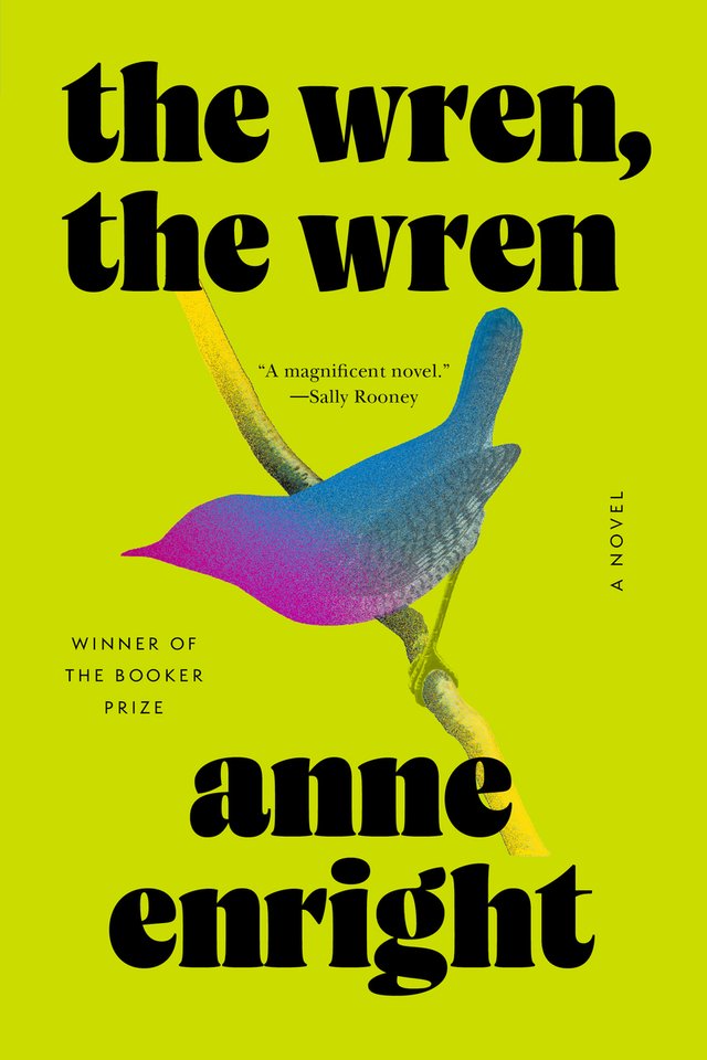 The Wren, The Wren by Anne Enright shows a bird silhouette with a purple and blue gradient in the body. The bird sits on a branch that fades into the green background.