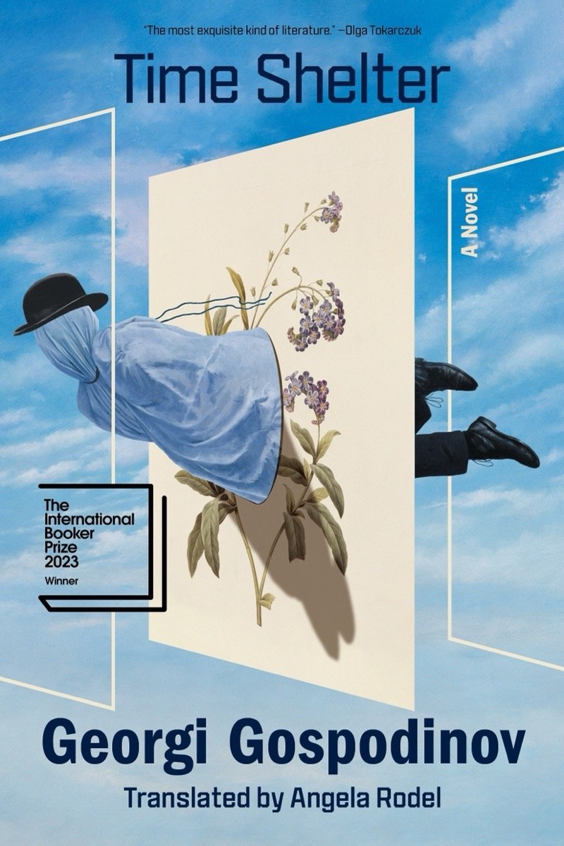 Time Shelter by Georgi Gospodinov. A figure concealed by a cloth over his head is suspended in the middle of a 2D cream square with an image of flowers. On either side of the square are the white outlines of two more squares, all over a backdrop of a cloudy blue sky.