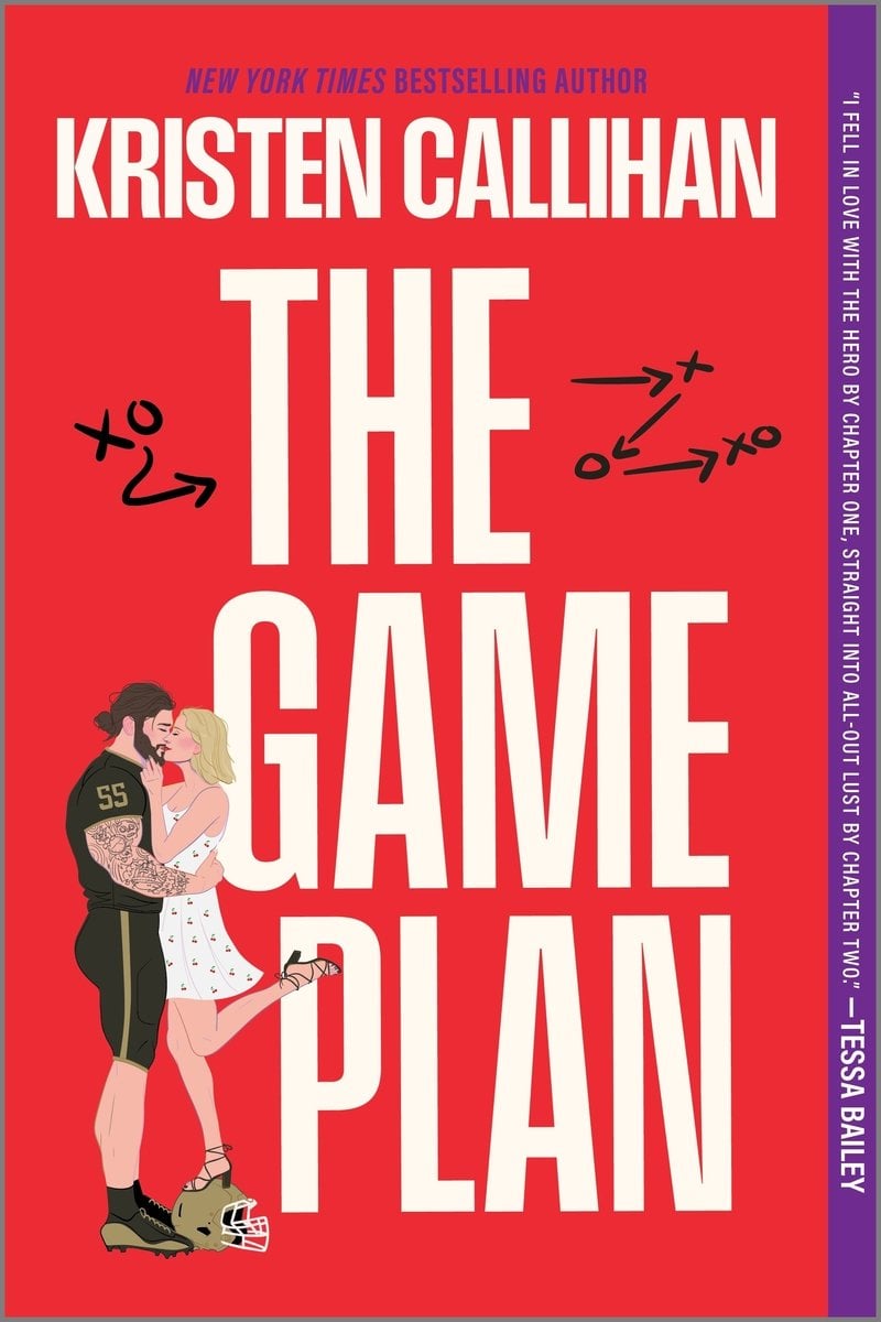 The Game Plan by Kristen Callihan romance book cover depicting a red background and two characters left of center kissing while the woman stands on the man's football helmet to reach his mouth
