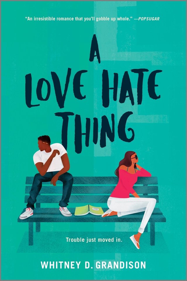 A Love Hate Thing by Whitney D. Grandison, book cover. Teal cover with a bench in the center, two people sitting on it looking away from one another.