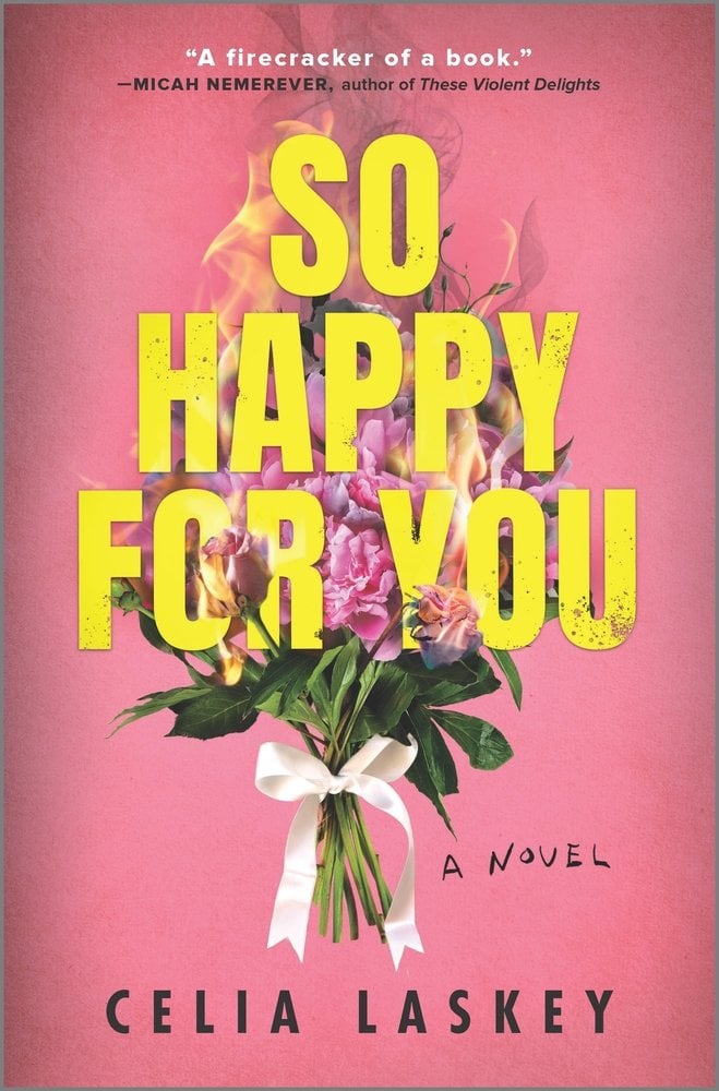 So Happy for You by Celia Laskey shows a bouquet of pink flowers on fire in front of a pink background.