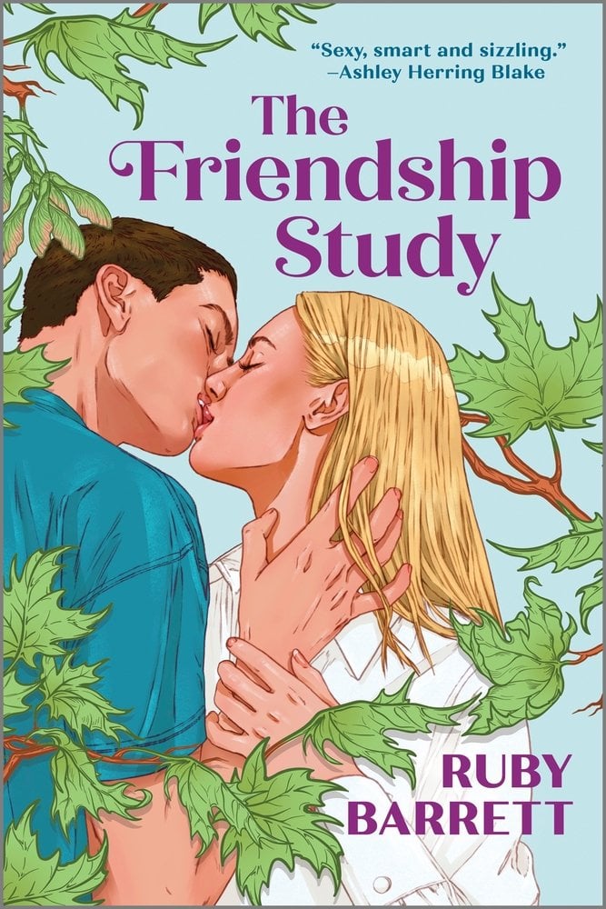 The Friendship Study by Ruby Barrett A DISABILITY REP ROMANCE BOOK COVER DEPICTING A MAN AND WOMAN KISSING.