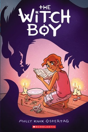 A boy kneels in front of a bowl with candles. In his hands is an open book. Around him on the wall is the shadow of a master leaning menacingly towards the boy.
