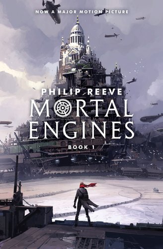 Mortal Engines by Philip Reeve book cover. A person stands on a patchwork metallic structure in the foreground, looking towards the background where two tracks cut through snow and lead to a gigantic moving mechanical city.