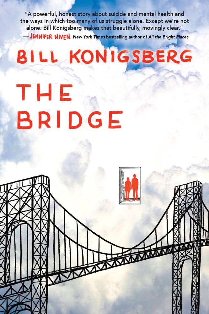 The book cover for The Bridge. An illustration of a bridge stands in front of a bundle of clouds which holds a door with two red illustrations of a girl and a boy stand at the entrance.