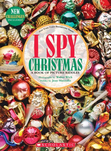 Front cover of I-Spy Christmas, showing various Christmas ornaments all bundled up.