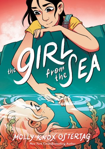 The Girl from the Sea cover by Molly Knox Ostertag, a young girl reaching down off of a cliff to hold hands with a selkie in the water below.