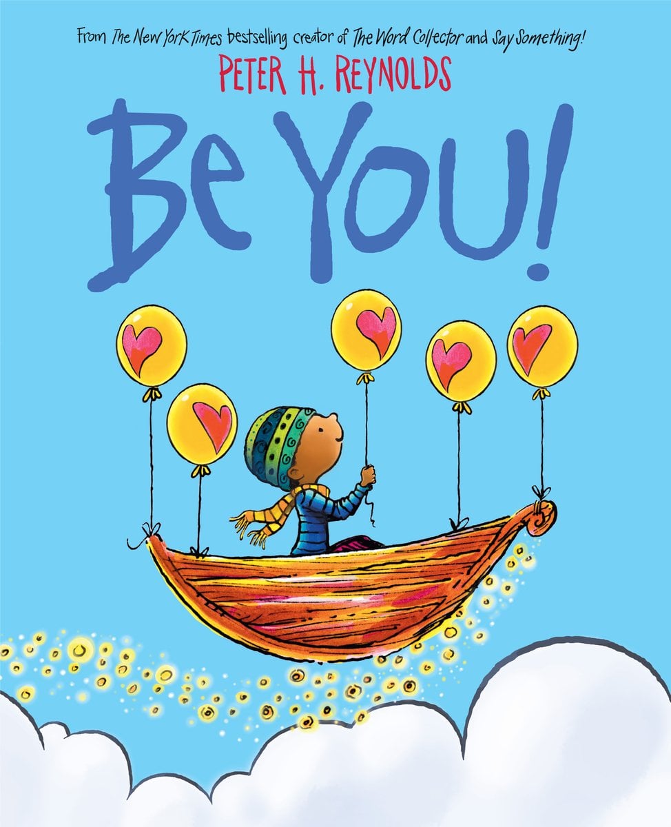 Book cover of You Matter by Christian Robinson, featuring a brown-skinned child sitting in a boat suspended in the air with several yellow balloons that have pink hearts on them; beneath the boat is a fluffy white cloud.