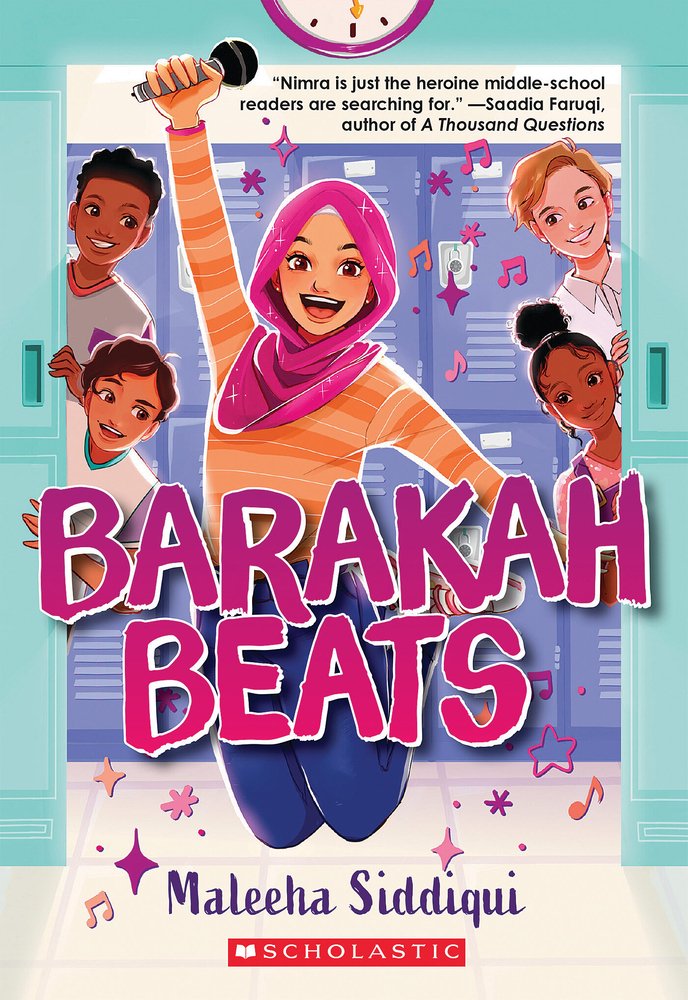 Barakah Beats by Maleeha Siddiqui book cover wtih a young girl wearing a hijab holding a microphone and four other kids peeking out from the sides of the frame.