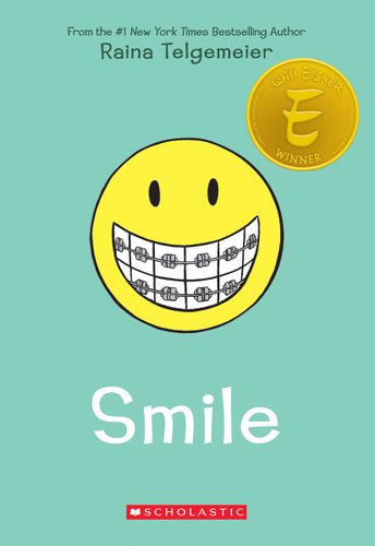 Front cover of Smile by Raina Telgemeier, showing a yellow face smiling with braces.