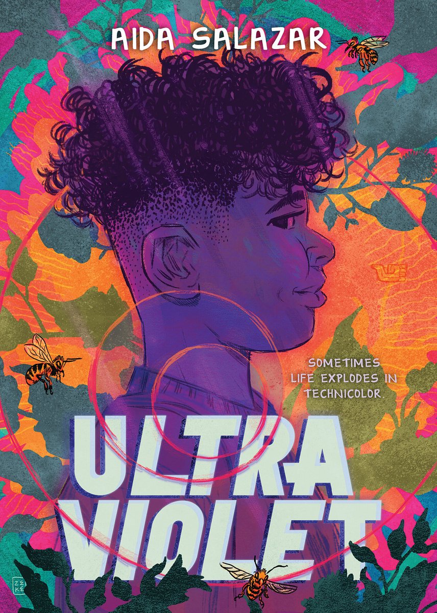 The book cover of "Ultraviolet" by Aida Salazar features the profile of a tan-skinned boy with short curly hair shaded in colors of dark purple and vibrant orange; bees buzz around his head, and colorful foliage appears behind and in front of him.