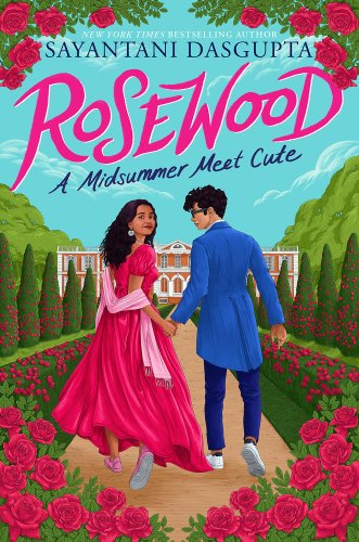 A boy and a girl in formal wear are in front of a manor with rose bushes surrounding them. The title reads, Rosewood: A Midsummer Meet Cute.