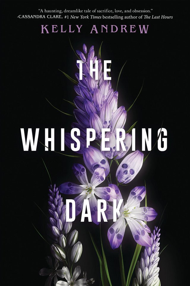 The cover of The Whispering Dark, a YA paranormal fantasy novel, features a close up of purple flowers against a black background