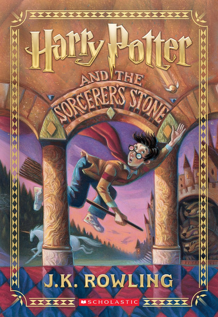 The cover of Harry Potter and the Sorcerer's Stone, a middle grade fantasy novel, depicts an illustration of a young boy flying on a broom under a stone arch.