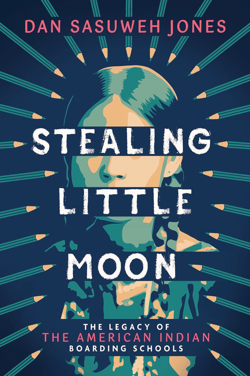 Stealing Little Moon by Dan SaSuWeh Jones book cover features a stylized portrait of a young Indigenous girl. Her face is partially obscured by bold, white text that reads "STEALING LITTLE MOON," Radiating from the central image are pencils resembling rays or beams, the background is a deep blue.