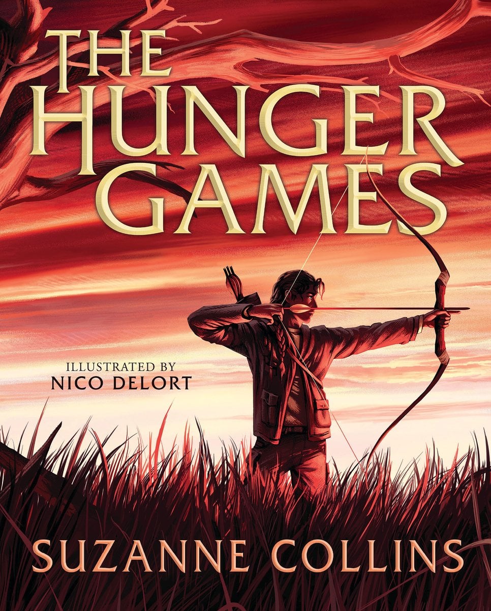 The Hunger Games, the famous YA dystopian novel by Suzanne Collins, book cover illustrated in all orange, yellow, white, and black shades. Underneath a tree, Katniss Everdeen draws an arrow with her bow, looking into the distance while standing in tall grass.