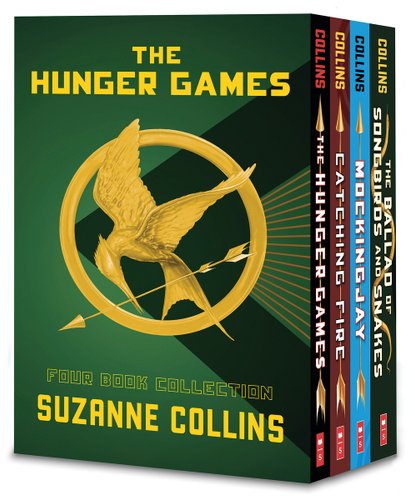The Hunger Games four book collection by Suzanne Collins. The cover that is visible is green and features the gold mockingjay pin.