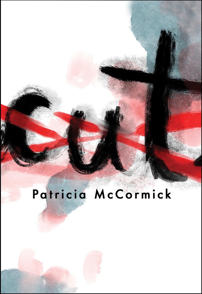 The title sits across the center in large, bold, black letters. Red lines cross through it. The background is made up of black and red splotches against white. The author's name is under the title in black letters.