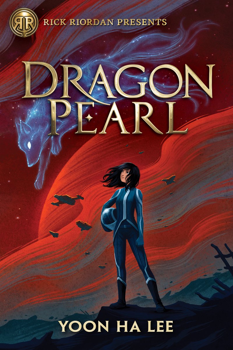 The Dragon Pearl depicts an illustration of a young girl in the center in space gear staring at a blue fox spirit in the background agaisnt a red sky