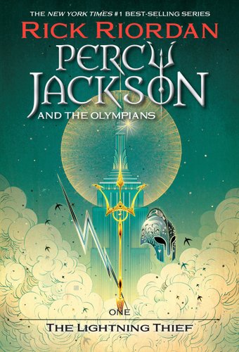 The Lightning Thief by Rick Riordan cover; Empire State Building drawing behind lightning bolt, trident, and Greek helm