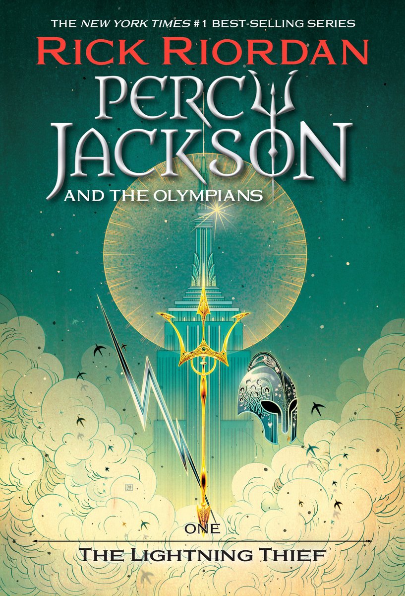 Cover of The Lightning Thief by Rick Riordan. There is a blue starry sky and clouds at the bottom. On the right is a Greek helmet, on the left is Zeus's bolt. and in the center is a large trident.