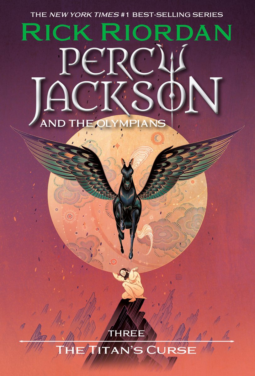 Percy Jackson and the Olympians: The Titan's Curse. A black pegasus and Atlas holding the world are against a purple-orange gradient background.