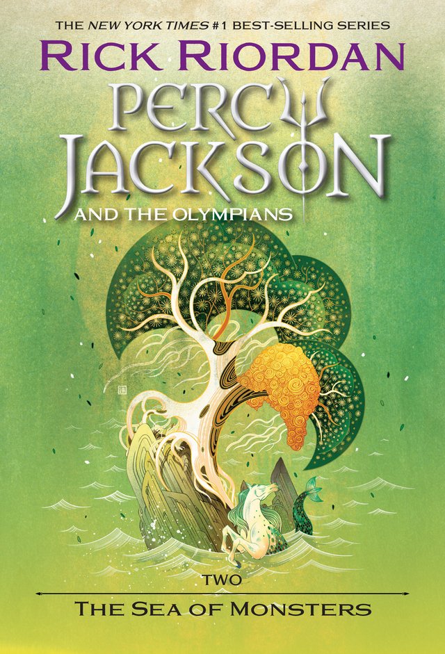 The cover of Rick Riordan's Percy Jackson and the Olympians: The Sea of Monsters. Hyperion edition. Rick Riordan is in purple, the cover is green, and featuring a sliding tree on a jutting rock with a struggling horse and a mermaid tail in the ocean.
