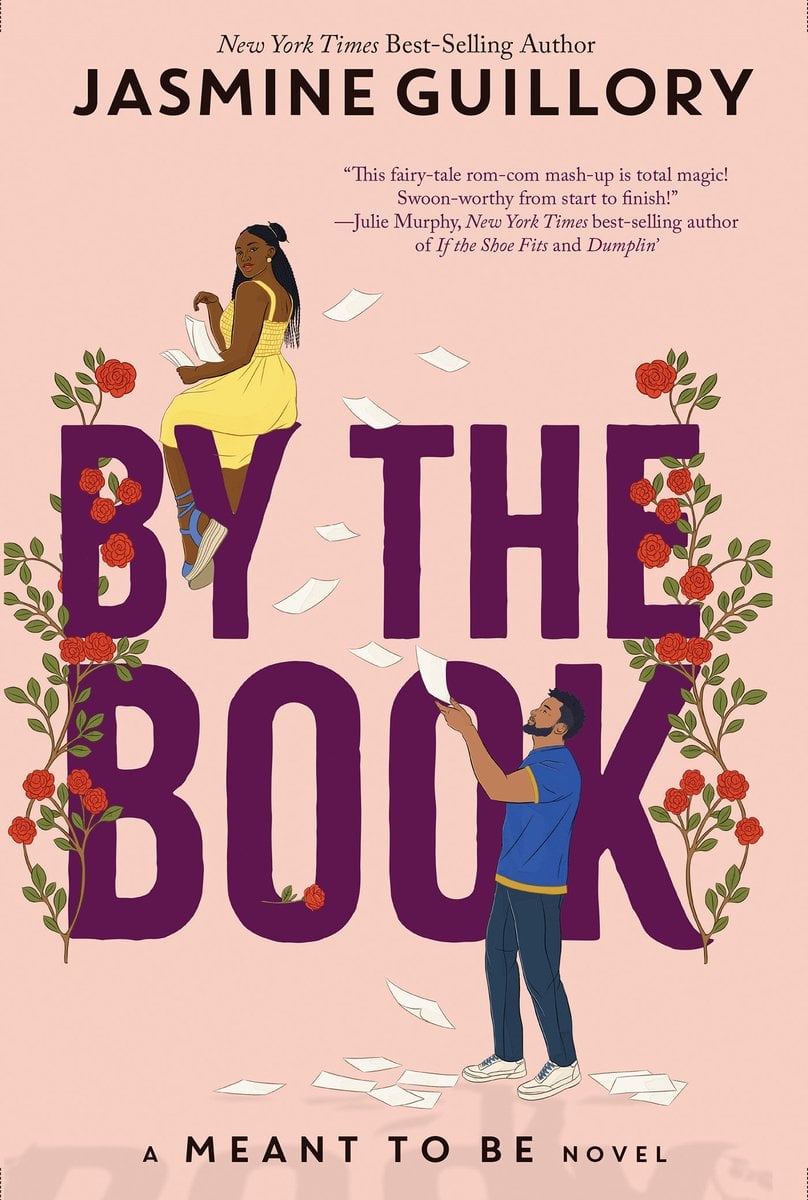 By the Book by Jasmine Guillory, a romance novel depicting a light pink background with bolded purple letters adorned with roses and vines. A woman sits upon the "Y" and is turned away and holding a stack of paper, while a man is at the bottom right, catching the papers and reaching towards the woman.