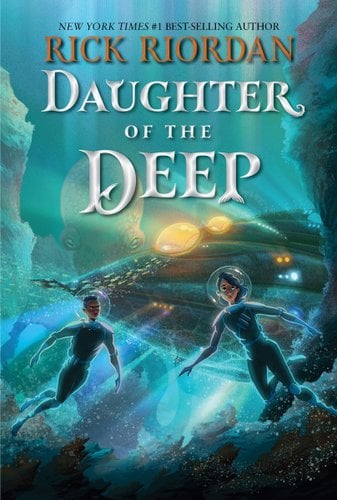 Daughter of the Deep depicts and illustration of a boy and a girl deep underwater in scuba-diving gear with a submarine and a kraken behind them