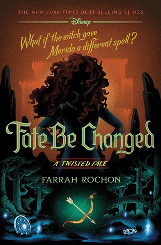 Merida stands facing the viewer, her face obscured in darkness. Behind her is an orange castle, and in front of her are some trees, a shield, and a bow and arrow, all lit up by will o' the wisps
