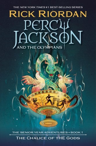 Chalice of the Gods cover by Rick Riordan, green snack rising out of a golden chalice, surrounded by two chickens.