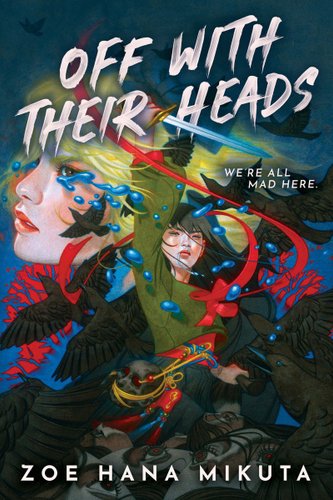Painting of a woman's head crying. A girl stands in the center with a sword in her hand and a red ribbon floating around her. The image is scattered with black crows.