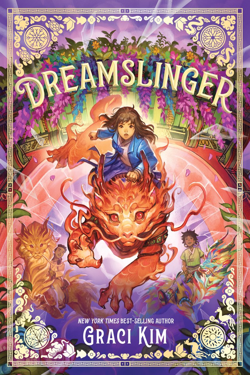 Book cover of Dreamslinger by Graci Kim, featuring a tan-skinned child with long, wavy dark hair riding on the back of a dragon-like creaure; two brown-skinned child ride similar creatures in the background.