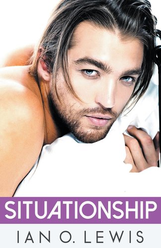 A shirtless man appears to be lying down. He holds a pillow in one hand. His hair falls around his face, and he has a seductive stare. The background is all white. The title is at the bottom in white lettering and set against a purple background. The author's name is in black lettering set against the white background.
