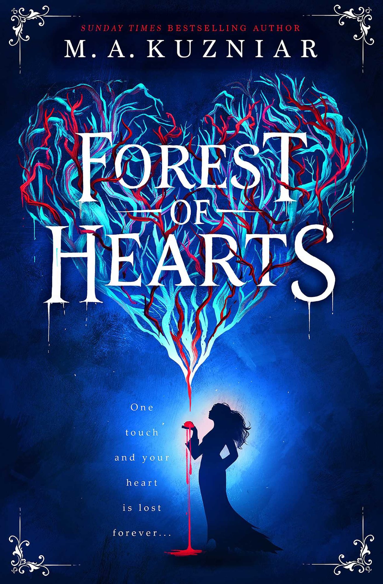 Book cover of Forest of Hearts by M.A. Kuzniar. There is a girl on the cover surrounded by red and blue trees. She is holding a heart.